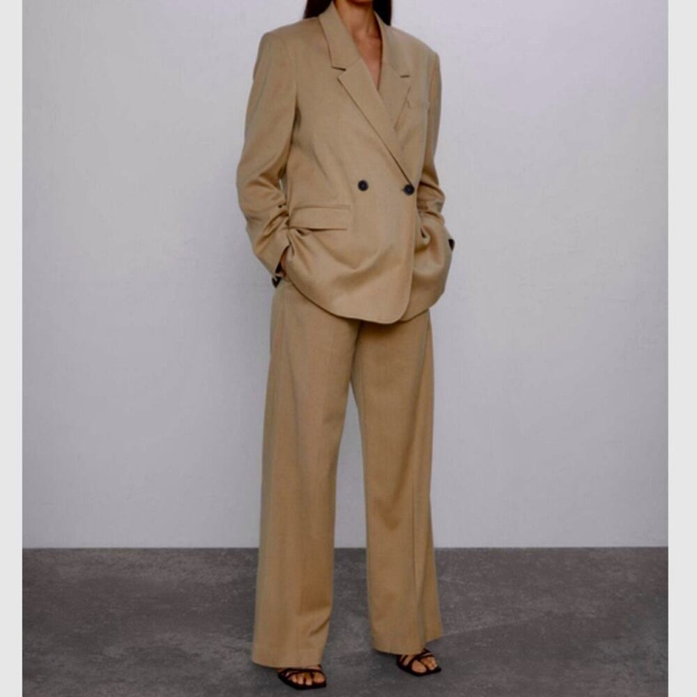 Zara Tan Minimalist Wide Leg Relaxed fit flat front pants small